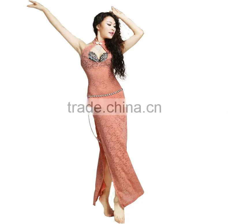Wuchieal High Elastic Lace Belly Dance Practice Dress Bellydance Costume without Sleeves
