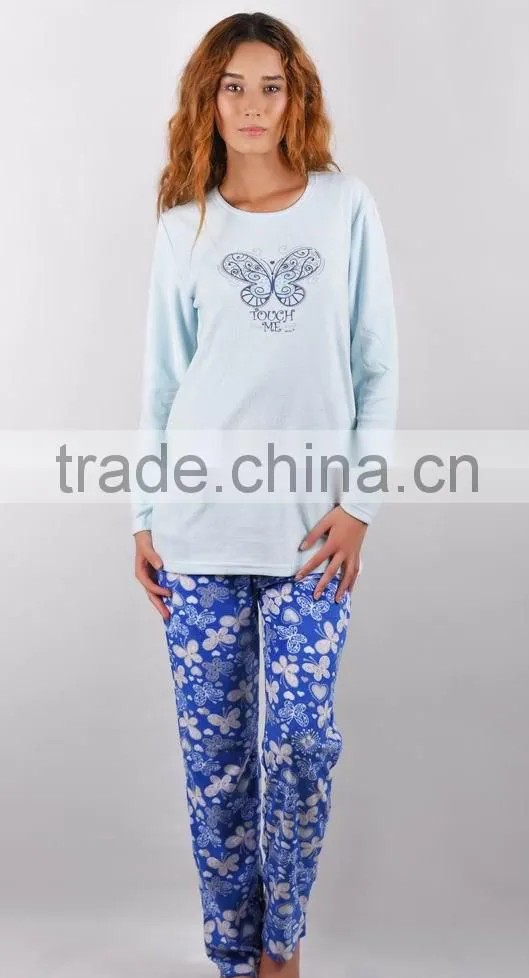 Kevince polar fleece pyjamas set woman pajama blue butterfly 1000pcs up OEM factory directly