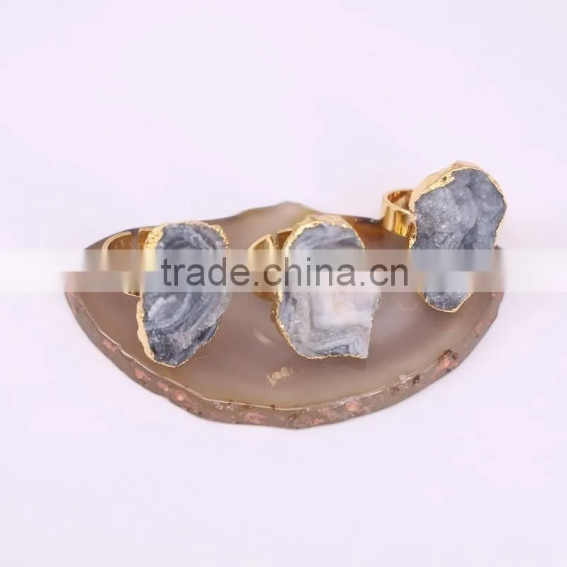 Black Agate Stone Rings, Gold Plated Metal Brass Gemstone Druzy Ring, Fashion Oval Stone Jewelry Finger Gold Plated Druzy Ring