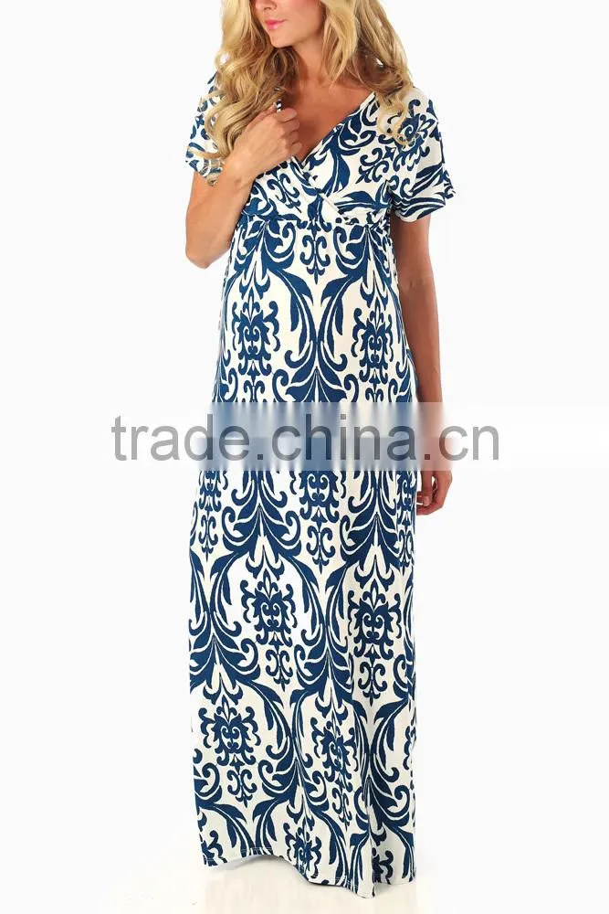 TEAL DAMASK PRINTED MATERNITY/NURSING MAXI DRESS