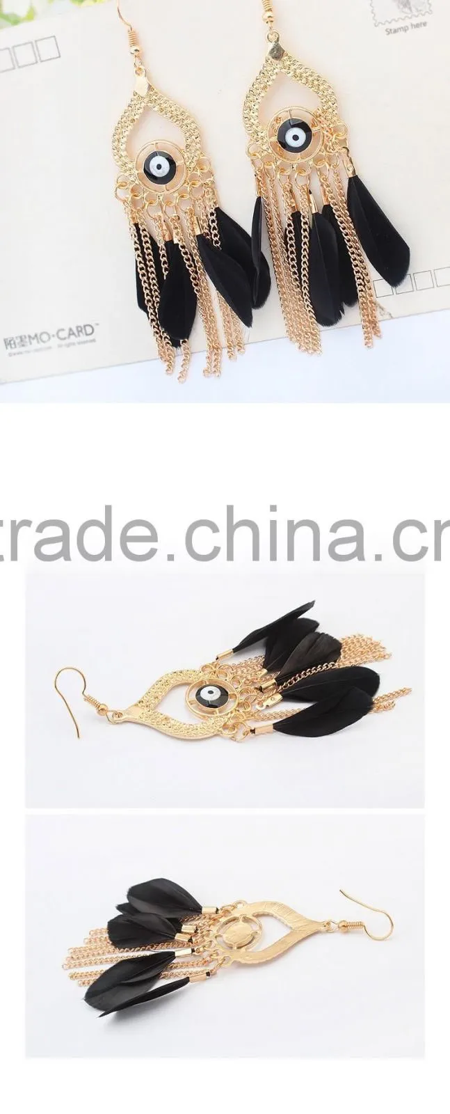 wholesale new design eye feather gold tassels earrings for women