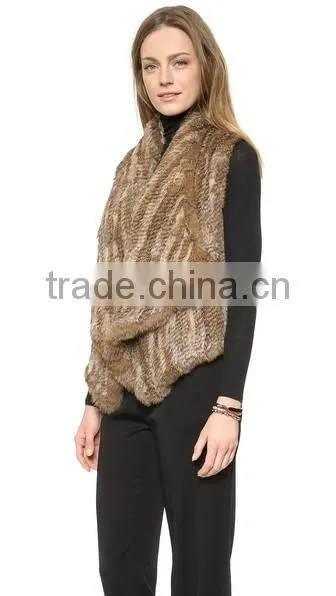 YR284 women yarn and real rabbit fur knitted vest with elastic