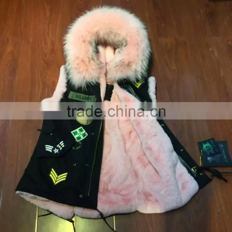Wholesale Black Vest Fur Parka,Short Pink Fur Lined With Real Raccoon dog Hood