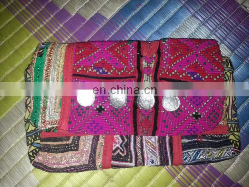 VINTAGE LEATHER POUCH BANJARA EMBROIDERY ETHNIC PATCHWORK HANDMADE MIRROR TRIBAL BAG