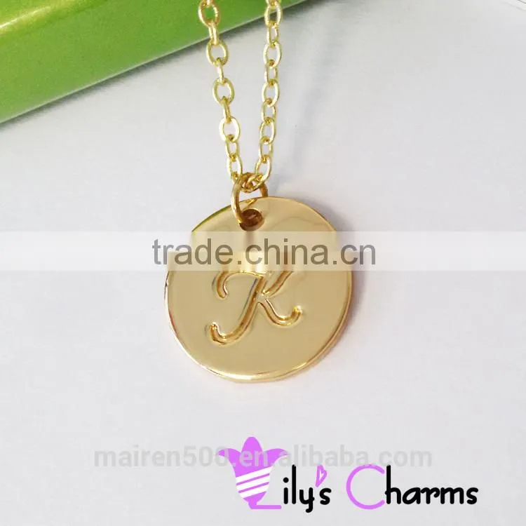 2015 New fashion Polished Silver Gold Disc initial Pendant Necklace