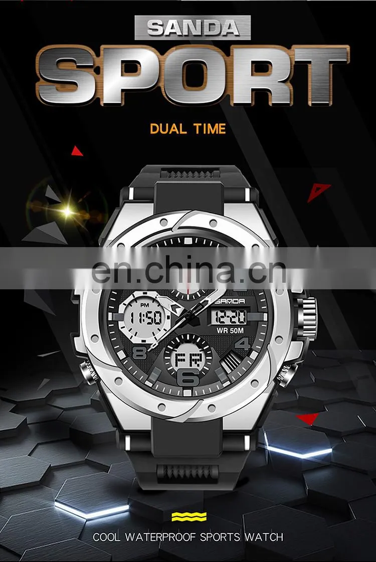 Sanda 6008 Relogio Masculino Sport Men's Watches Luminous Waterproof Analogue Digital Watches Men'S