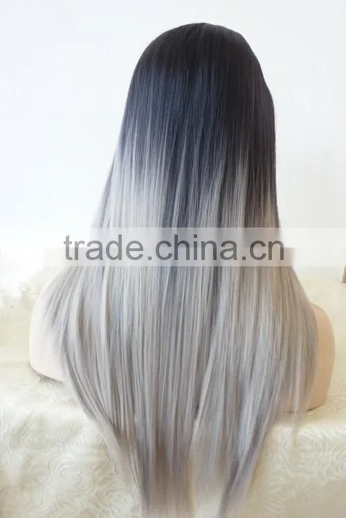 High quality heat resiatant fiber lace front straight Grey ombre hair synthetic wig