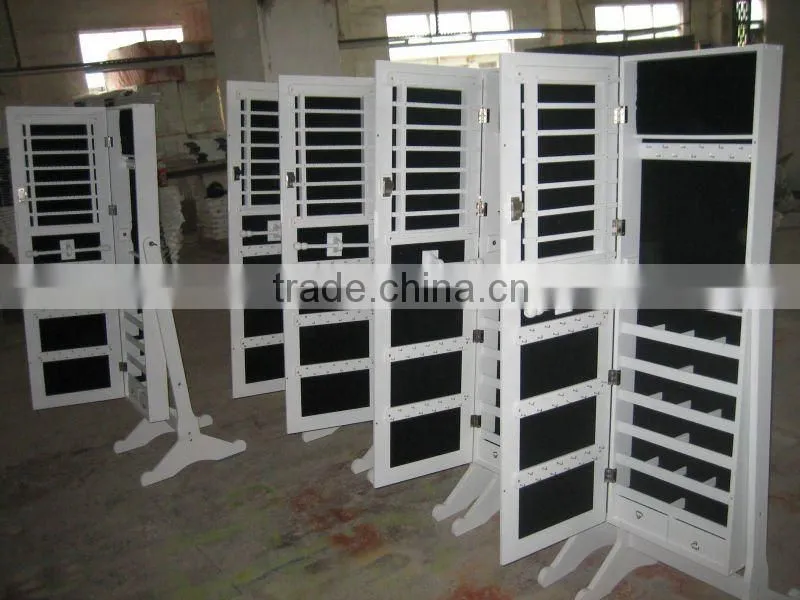 Floor wooden jewelry mirror cabinet with white finished