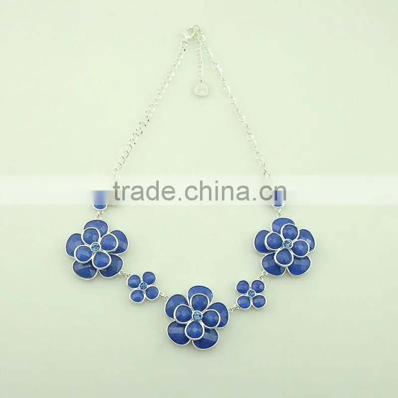 Vintage blue double flower design fashion necklace rhinestone alloy bangles resin necklace set silver women jeweley set