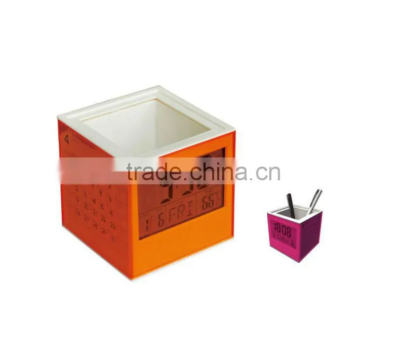 plastic square wall pen holder with alarm clock