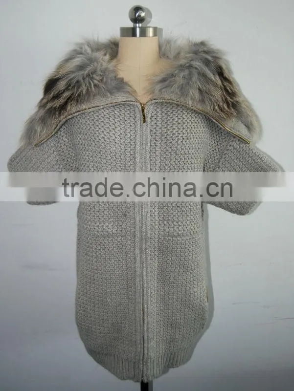 Elegante cardigan full zip fox fur collar