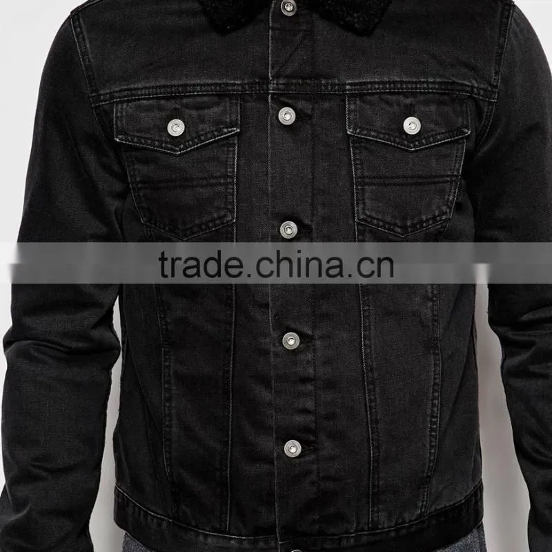 black denim plain fur jacket black collar windbreak overcoat for men