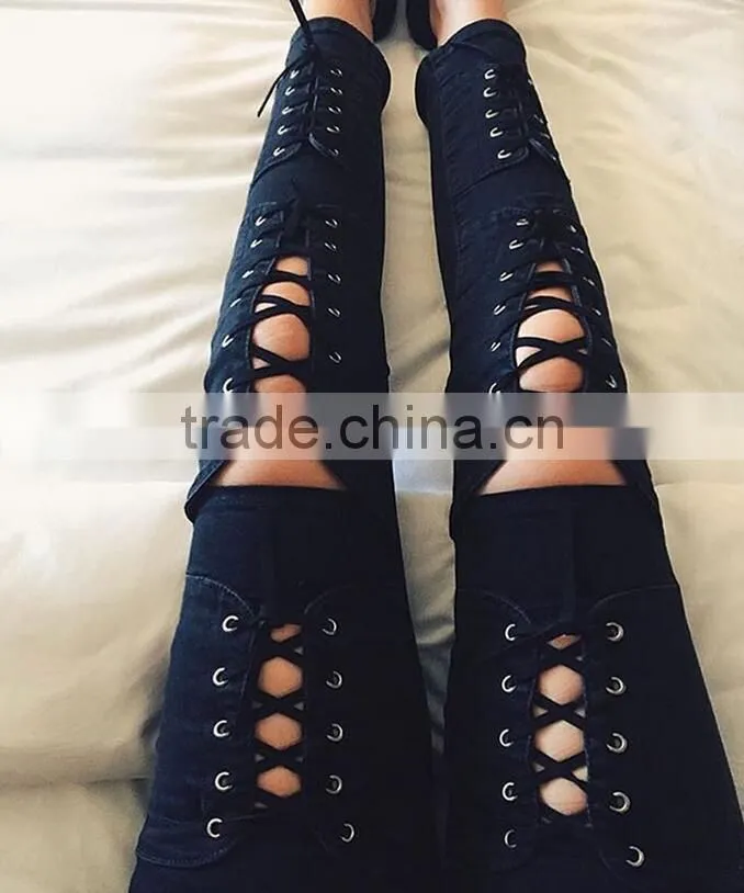 M1192 Runwaylover hollow cross bandage tight pants autumn demin pants