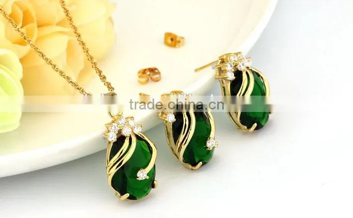 Copper Gemstone Fashion Jewelry Sets,Drop Earrings Crystal Pendant Necklace Bridal Jewelry Set (Red,Green,Blue,Purple and Black)