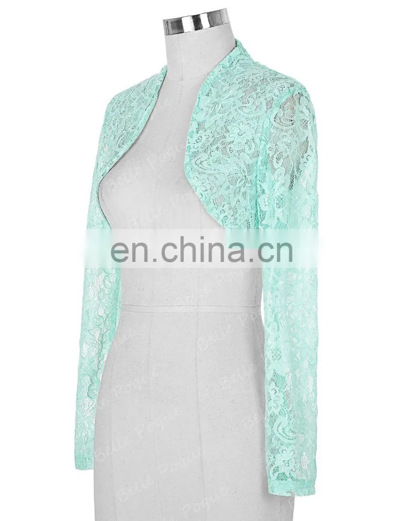 Stock Womens Ladies Long Sleeve Cropped Pale Turquoise Lace Shrug Bolero BP000049-3