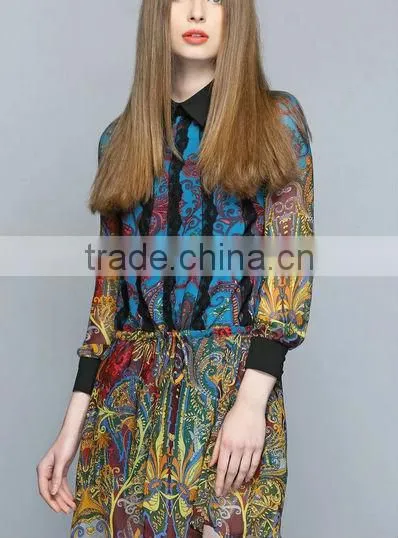 Fashion Designer dress Beautiful Long Sleeve Silk print Dress (stock)