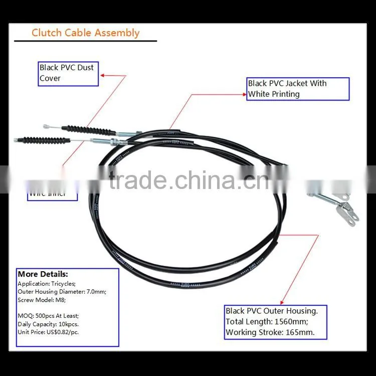 Hot Sale 1560mm Long Black PVC Outer Housing Tricycle Clutch Cable Assembly