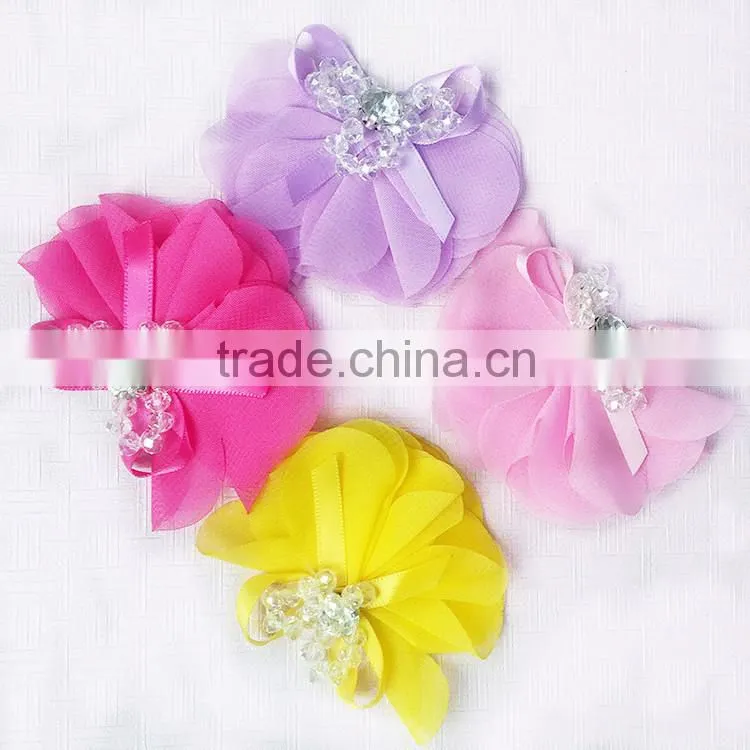 Wholesale handmade 3" chiffon fabric rhinestones with pearls bow,chiffon pealrs flower brooches hair bow