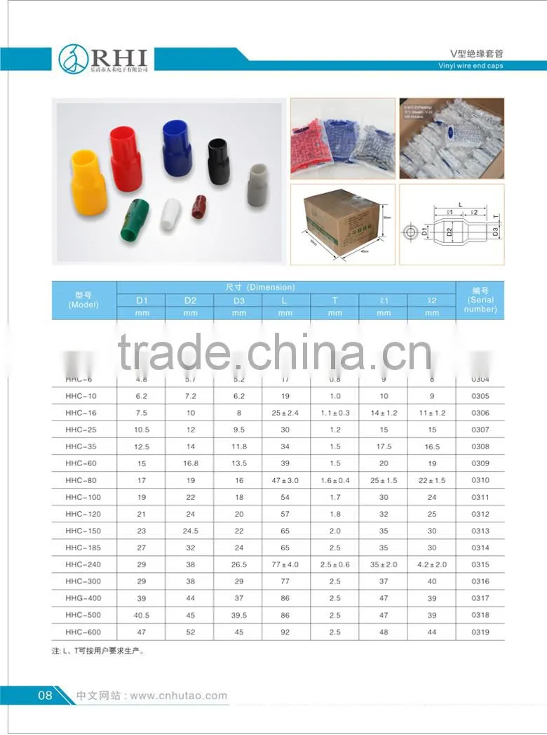 Yellow blue red plastic v-color end cap vinyl wire terminal end cap