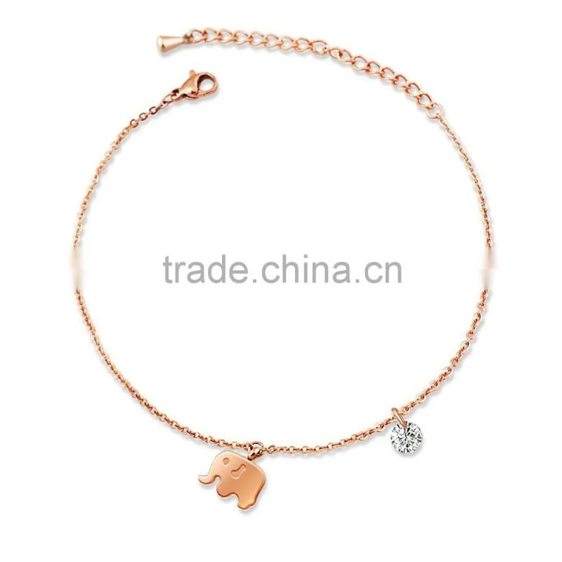 Womens Stainless Steel Cute Elephant Cable Chain Anklet with Rhinestone Bead