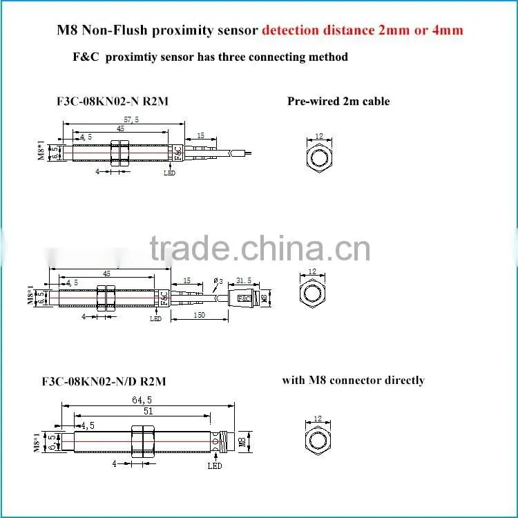 F&C M8 SN 2mm Non-shield 5v dc inductive proximity Sensor with CE