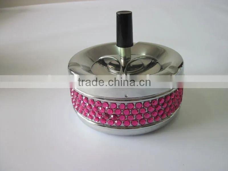 round metal ashtray, spin stainless steel ashtray with rhinestone