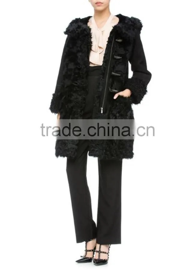 Customized ladies' long Chinese full lambskin hooded coat with horn toggles button