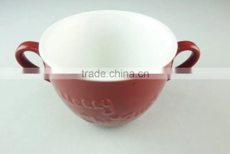 stock cheap red color ceramic soup cup with two handles