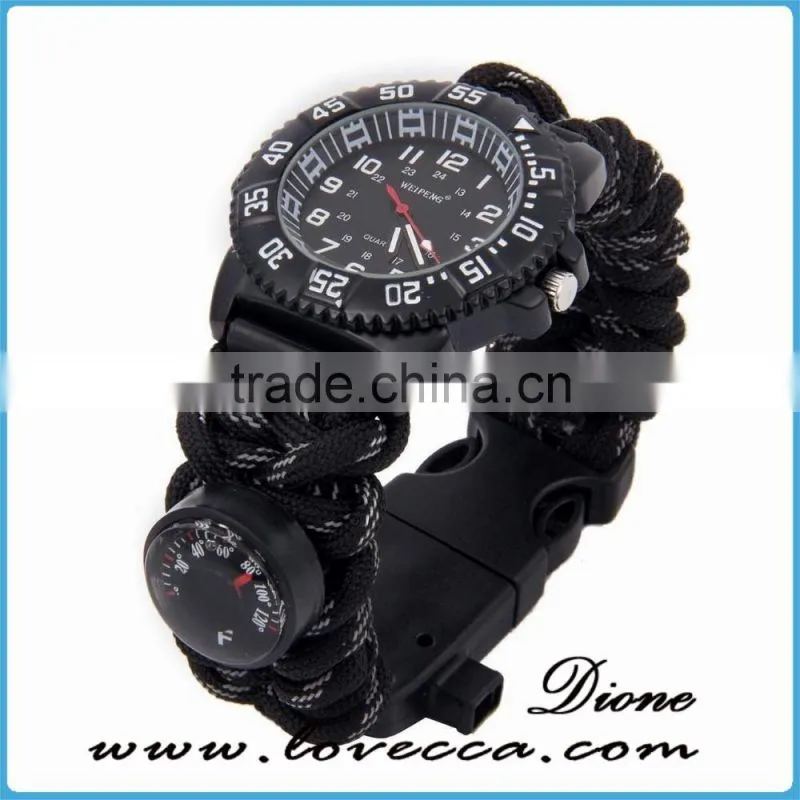 Hiking&camping 480 Paracord survival Waterproof Quartz Watch bracelet with compass thermometer firestarter whistle