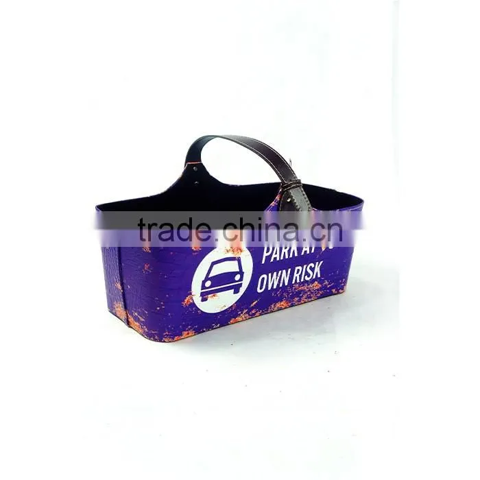 Car Print Faux Leather Magazine Basket With Handle-Purple