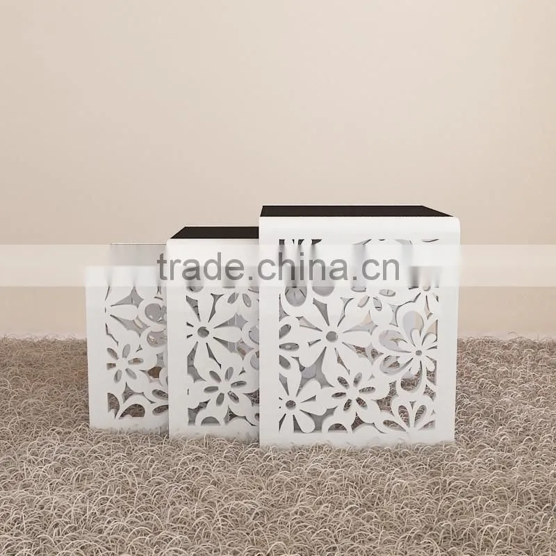 nest table set of 3 with High Glossy MDF wood Side Table with carving flower Living Room coffee table with glass