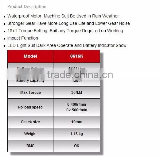 Ronix New model Cordless driver drill 16V Li-ion 1.5Ah model 8616K water proof motor