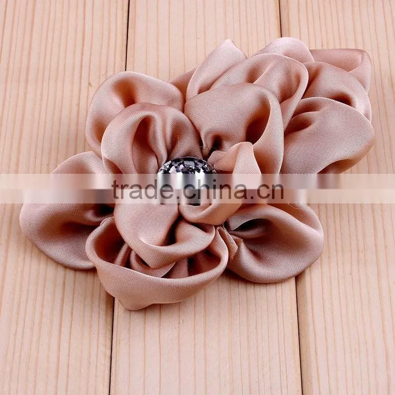 handmade satin fabric flower with rhinestone center for kids hair accessories