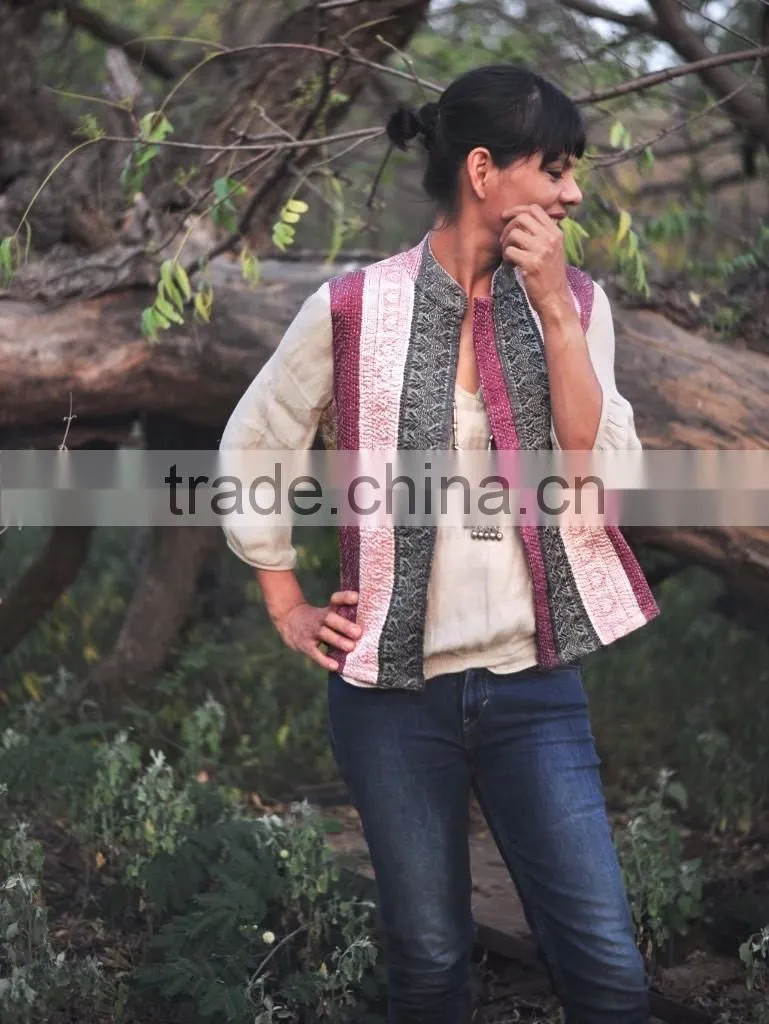 Vintage Kantha Vest in Beautiful Pink Saree Border Patchwork ~ Medium