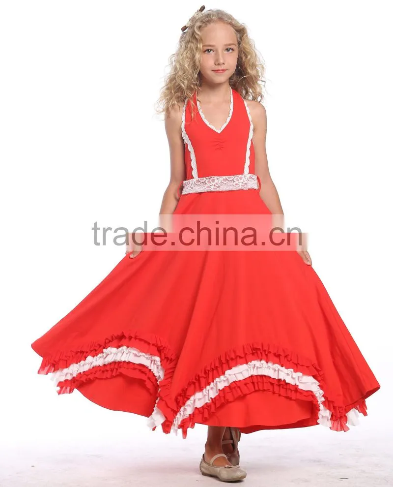 red color long sleeve flower girl ruffle party wear evening dress