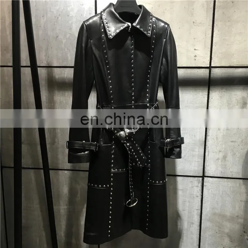 Women Fashion Long Black Rivet Real Leather Coat Leather Trench Coat