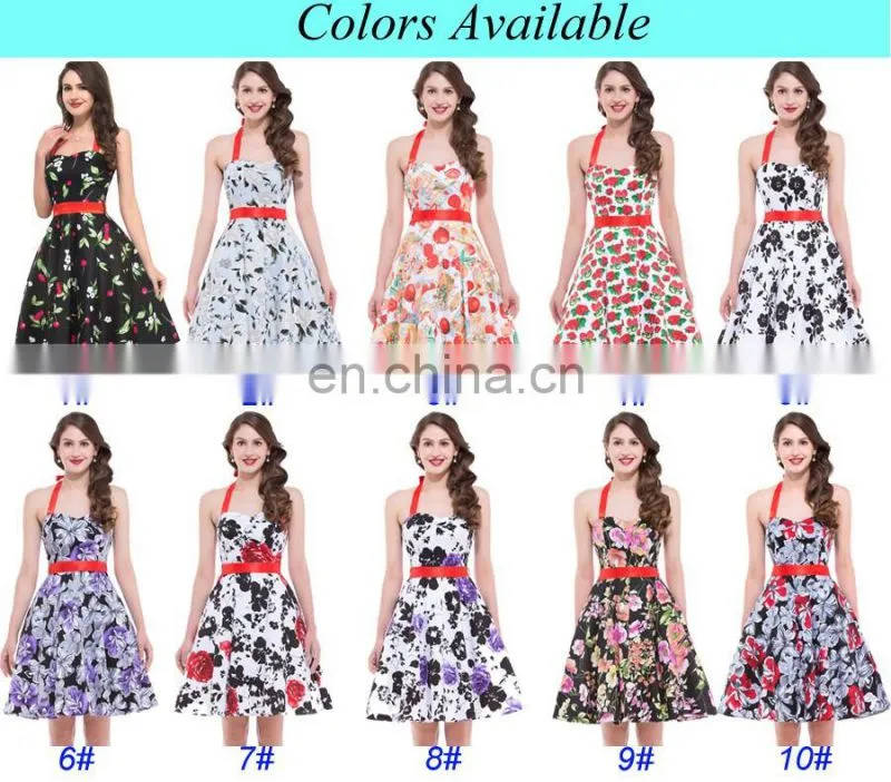 Grace Karin Ladies Halter Plus Size Sleeveless Cherry Printed Vintage Pin Up Vintage Retro Dress CL4595-1#