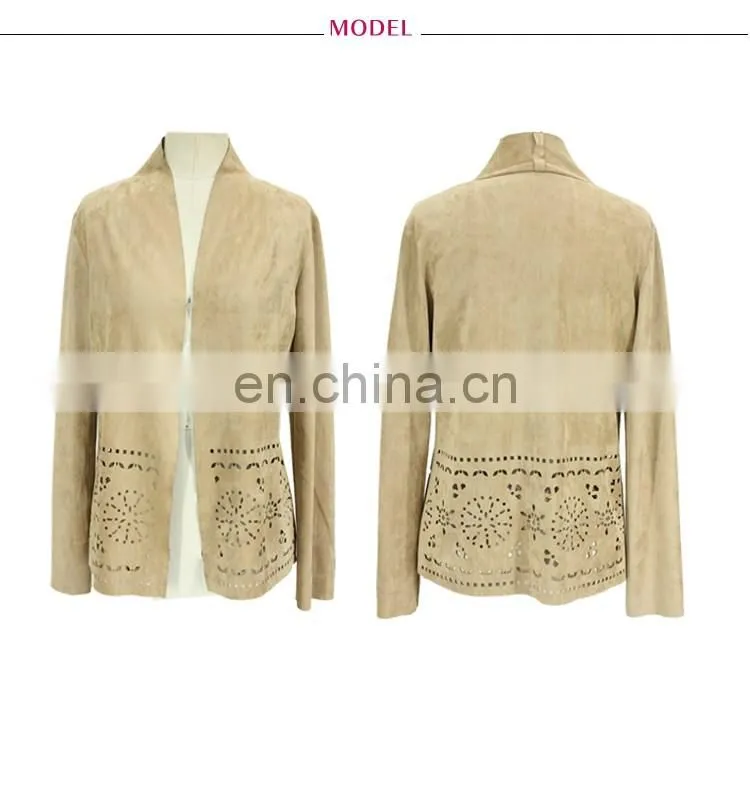 Laser Cut Suede Women Cardigan Office Wear