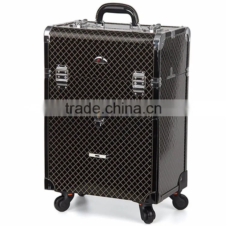 Functional PVC Trolley case Makeup box cosmetic display case With rolling Wheels