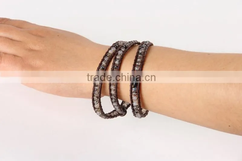 Fashion Jewelry 4 Strands 4mm Agate/Turquoise/Aquamarine/Opal Handmade Brown Leather Beaded Wrap Bracelet Excellent Handwork