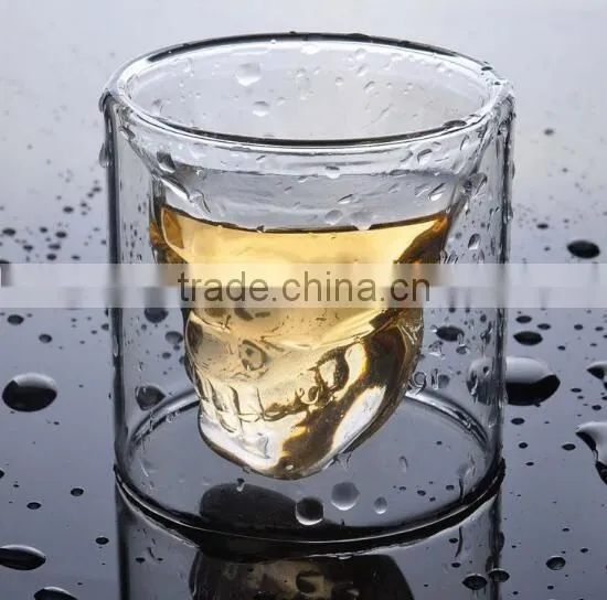 different capacity high borosilicate double wall glass skull cup for sale