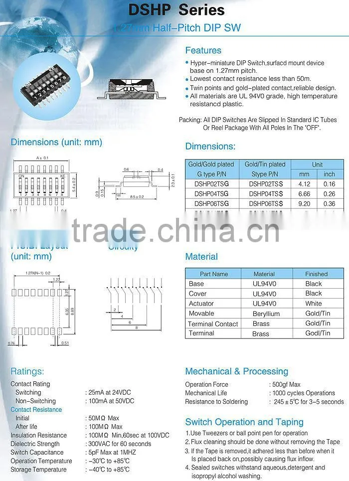8 pin 1.27mm SMD DIP switch