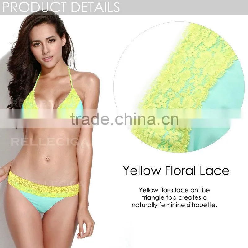 RELLECIGA 2016 Lace Collection -Mint Green + Yellow Floral Lace Bikini Swimsuit with Triangle Top and Brazilian Cut Scrunch Butt