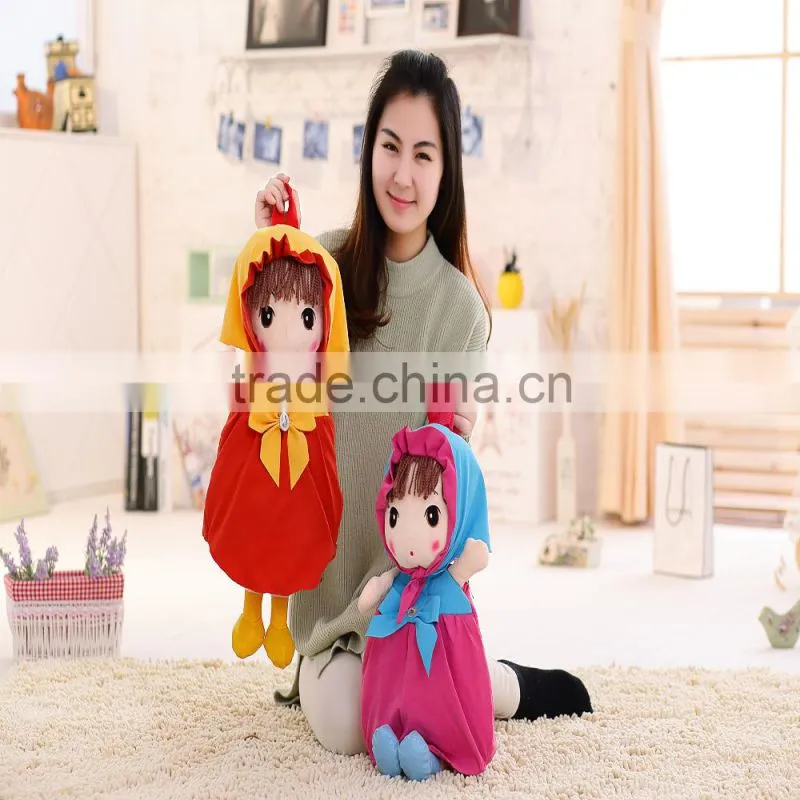 55cm beautiful customized beige stuffed plush Phil doll backpack with brown windbreak&pink hood