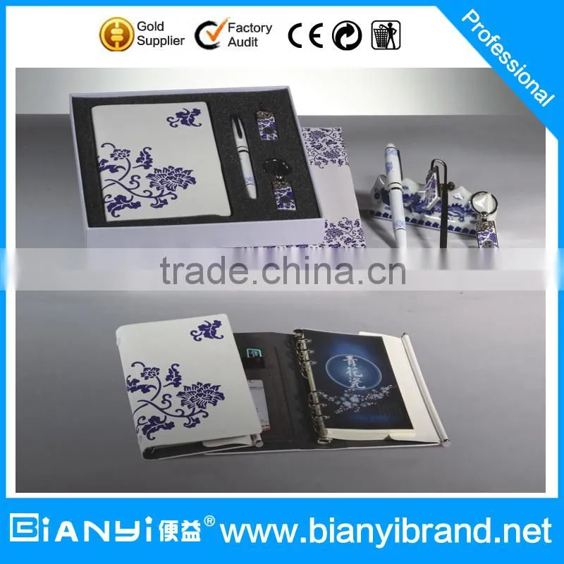 Handmade maltifunctional PU leather notebook stationery gift set with pen and keychain