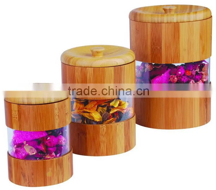 Cylinder Shape Airtight Bamboo Wood Canister with Removable Jar Lid on Bottle Top Acrylic Sheet on Box Side of Food Storage Bin