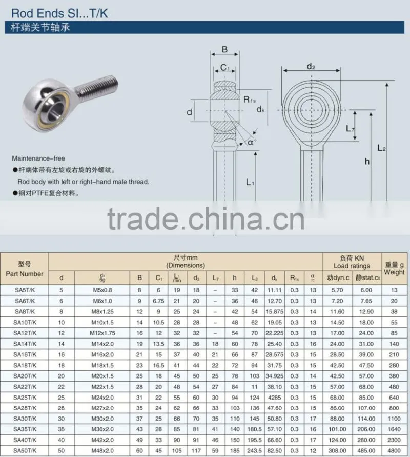 self-lubricating rod end bearing 8mm ball joint bearing SI8T/K