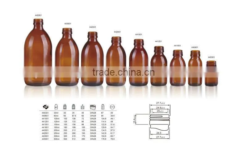 30ml-125ml-500ml Amber glass Bottles For Syrup/Oil DIN28 or PP28 neck