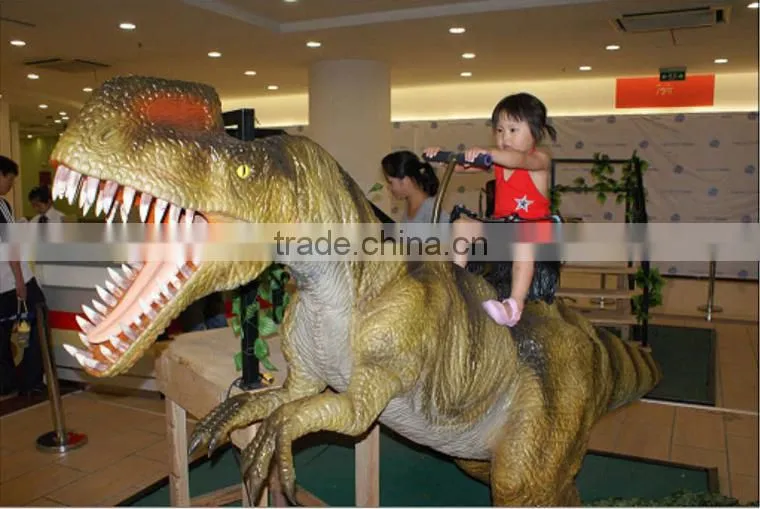 Amused animatronic riding dinosaur toys in restaurant