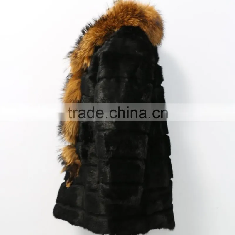 2015 rex rabbit fur coat with big racoon fur collar for women